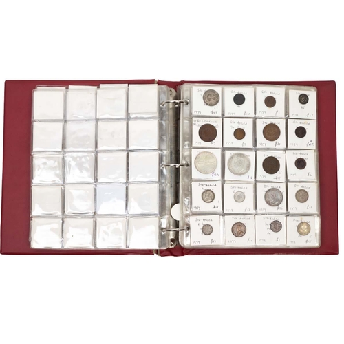 392 - Large folder of 19th and 20th-century coins and tokens in base metal and silver. Includes coins from... 