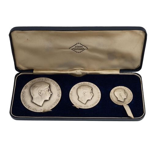 437 - 1969 Charles Prince of Wales Investiture 3-piece antiqued silver medal set by John Pinches. Includes... 