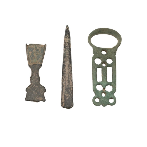 449 - Three (3) artefacts found metal detecting. Includes (1) Bronze Age chisel, 50mm, (2) early-medieval ... 