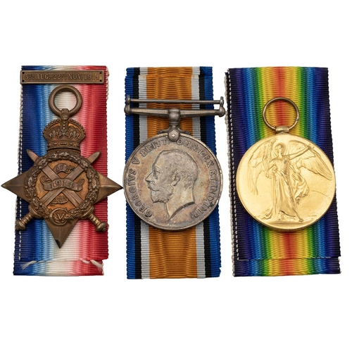 526 - Medals (3) of 6282 Private John Sydney Burrington of the 1st King's Dragoon Guards. 1914 Star & Bar,... 