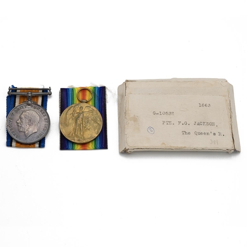 661 - Medals (2) of G-10532 Private Francis George Jackson of The Queen's Regiment. British War Medal 1914... 