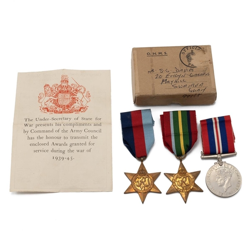 798 - Medals (3) of S.G. Davies. 1939-1945 Star, Pacific Star, and War Medal 1939-1945. Sold with Army Cou... 