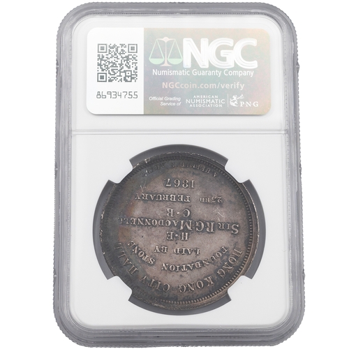 415 - 1867 Hong Kong Mint Queen Victoria 'City Hall' medallic silver Dollar graded AU DETAILS by NGC. Obve... 