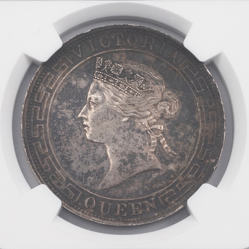 415 - 1867 Hong Kong Mint Queen Victoria 'City Hall' medallic silver Dollar graded AU DETAILS by NGC. Obve... 