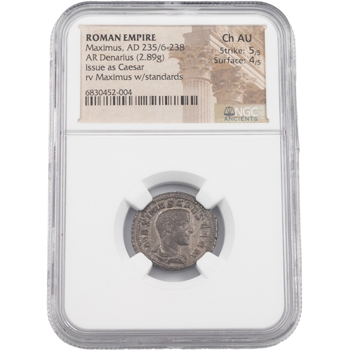 14 - 235/6-238 AD Maximus silver AR Denarius, issued as Caesar, graded Ch AU by NGC. Obverse: bare head d... 