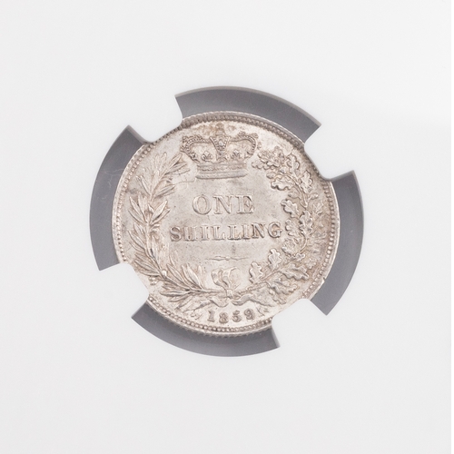 190 - 1859 Queen Victoria silver 'Young Head' Shilling graded MS 61 by NGC (S 3904, Davies 879). Obverse: ... 