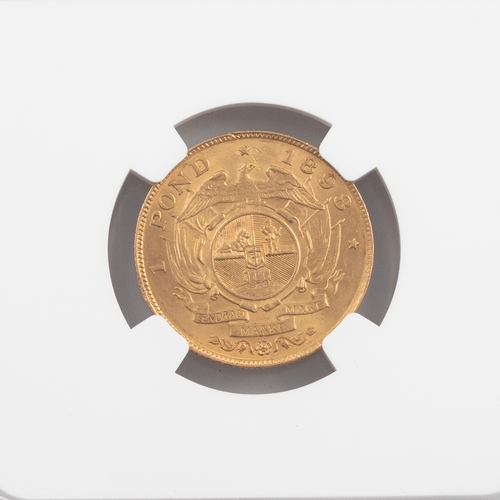 373 - 1898 South Africa Z.A.R. 22-carat gold Pond coin graded MS 62 and sealed in holder by NGC. Obverse: ... 