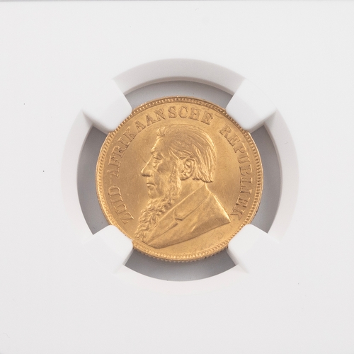 373 - 1898 South Africa Z.A.R. 22-carat gold Pond coin graded MS 62 and sealed in holder by NGC. Obverse: ... 