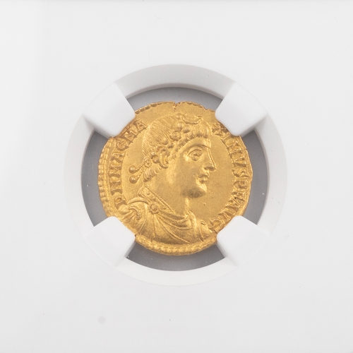 21 - 383-388 AD Magnus Maximus gold AV Solidus, London graded Ch AU by NGC (S 741). Obverse: right facing... 