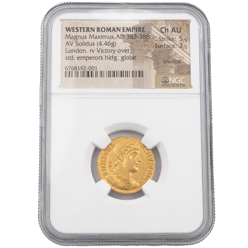 21 - 383-388 AD Magnus Maximus gold AV Solidus, London graded Ch AU by NGC (S 741). Obverse: right facing... 