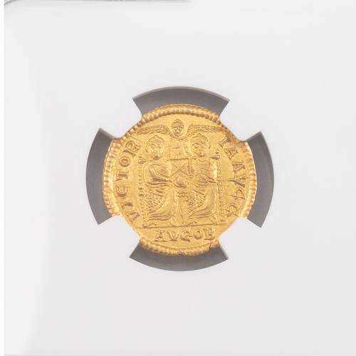 21 - 383-388 AD Magnus Maximus gold AV Solidus, London graded Ch AU by NGC (S 741). Obverse: right facing... 