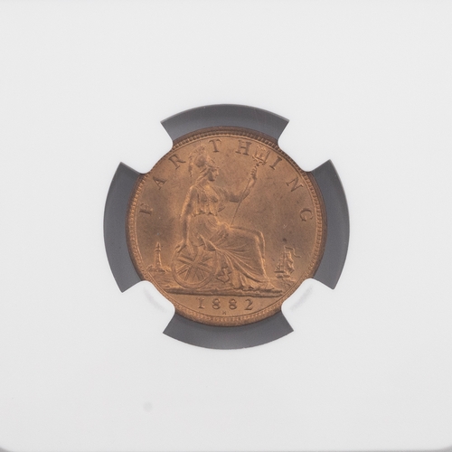 208 - 1882 Top Pop Queen Victoria Heaton Mint bronze Farthing graded MS 65 RD by NGC (S 3959). Obverse: 'B... 