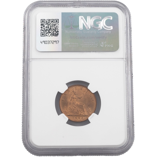 208 - 1882 Top Pop Queen Victoria Heaton Mint bronze Farthing graded MS 65 RD by NGC (S 3959). Obverse: 'B... 