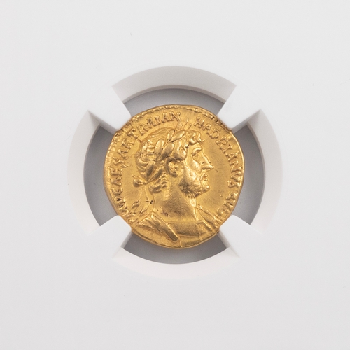 11 - 117-138 AD Roman Empire, Hadrian AV gold Aureus with Janus graded XF by NGC Ancients (RIC 509). Obve... 