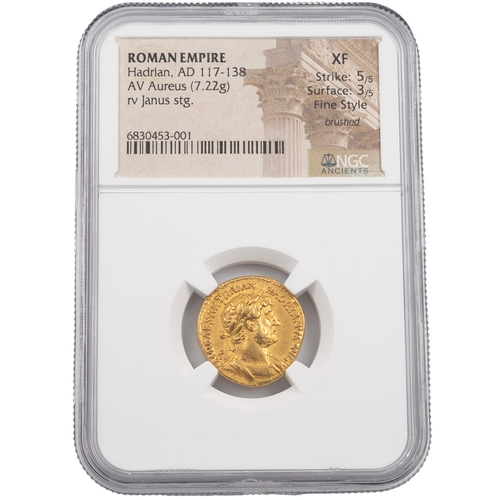 11 - 117-138 AD Roman Empire, Hadrian AV gold Aureus with Janus graded XF by NGC Ancients (RIC 509). Obve... 