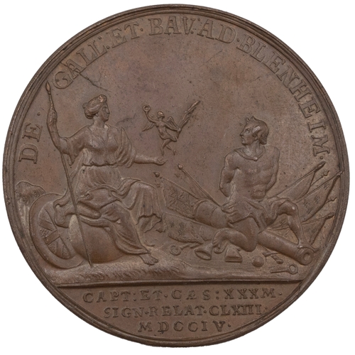 403 - 1704 Queen Anne Battle of Blenheim small bronze medal (Eimer 409). Obverse: draped, uncrowned bust o... 