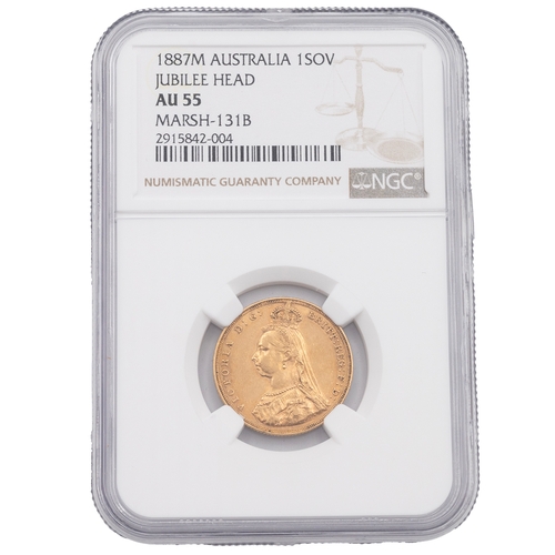 174 - 1887M Melbourne gold 'Hooked J' Sovereign graded AU 55 by NGC (Marsh 131B, S 3867). Obverse: 'Jubile... 