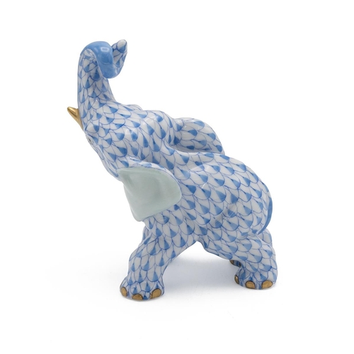 122 - Herend VHB (Vieux Herend Blue) Fishnet Roaring Elephant model 15266, height 9cm.