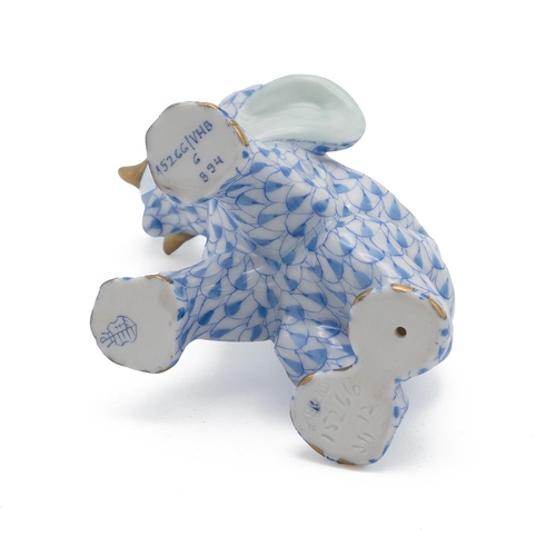 122 - Herend VHB (Vieux Herend Blue) Fishnet Roaring Elephant model 15266, height 9cm.