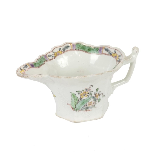 129 - Worcester - First or Dr Wall Period hexagonal Wigornia form cream jug, circa 1760, with hand painted... 