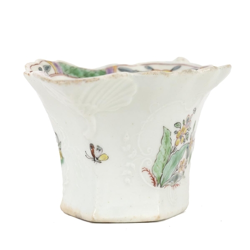 129 - Worcester - First or Dr Wall Period hexagonal Wigornia form cream jug, circa 1760, with hand painted... 