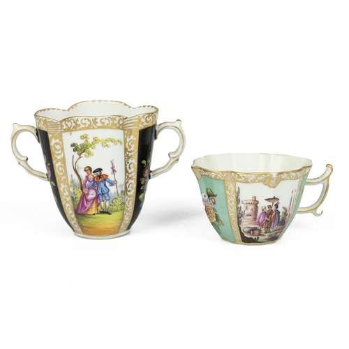 148 - Late 19th Century Dresden two handled chocolate cup and quatrefoil saucer in the manner of Helena Wo... 