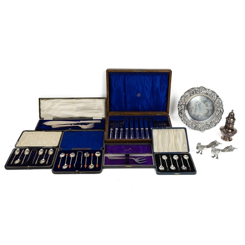 15 - Silver Victorian pierced dish, Mappin & Webb, 1897, along with a cased set of silver apostle spoons ... 