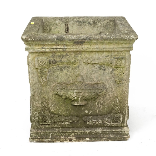 150 - Reconstituted stone, square form antique style garden planter. H 40cm, W 41cm.