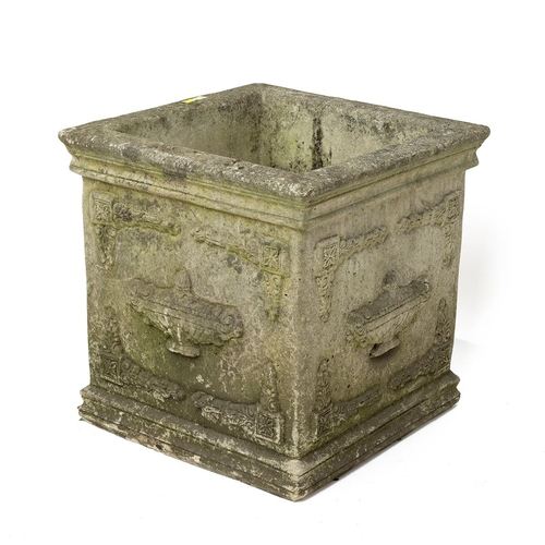 150 - Reconstituted stone, square form antique style garden planter. H 40cm, W 41cm.