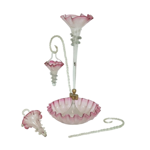 156 - Victorian pink vaseline glass epergne with tall central trumpet shaped flute flanked by two shorter ... 