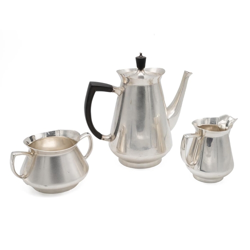 16 - Roberts & Belk three-piece EPNS modernist coffee set comprising; coffee pot, milk jug and sugar bowl... 