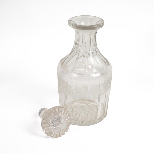 163 - Cut glass decanter, mallet shaped with facetted neck and lower body, etched grape and vine pattern t... 