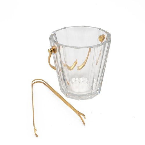 166 - Baccarat facetted glass ice bucket with gilt coloured swing handle and ice tongs, the base engraved ... 