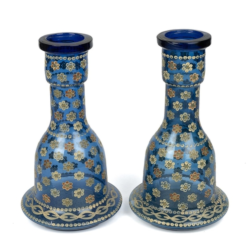 171 - Pair of Bohemian Huqqa (or Hookah) bases in blue glass decorated with enamel flowers (height 27cm) a... 