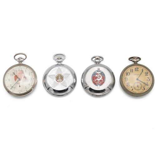 18 - Collection of four vintage Russian nickel keyless tram drivers' pocketwatches.