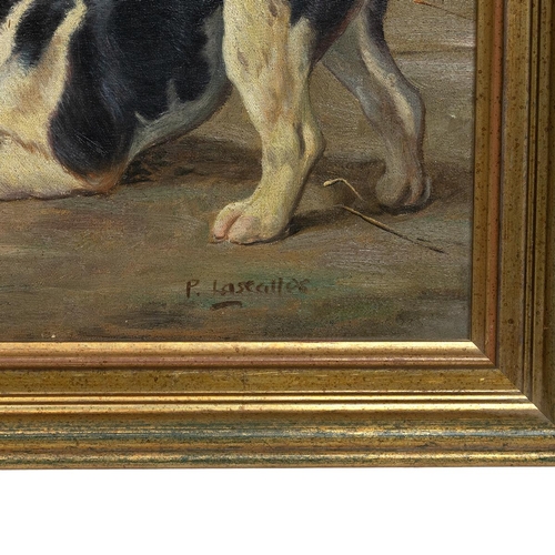 182 - P. Lascalles (20th Century) - A Dog with a Puppy in a Farmyard, oil on canvas, signed 'P. Lascalles'... 