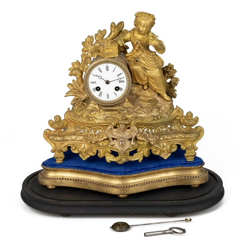 184 - Mid 19th Century Louis XV style French mantle clock in gilt and ormolu case depicting a young girl w... 