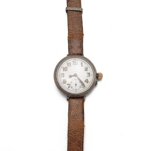 19 - Borgel trench wrist watch with silver case and brown leather strap. 35mm case. 