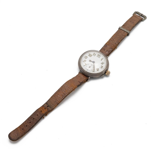 19 - Borgel trench wrist watch with silver case and brown leather strap. 35mm case. 