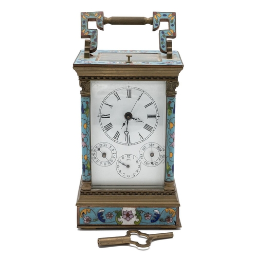 197 - 20th century brass and enamel carriage clock with repeater and alarm function and day of week and da... 