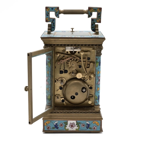 197 - 20th century brass and enamel carriage clock with repeater and alarm function and day of week and da... 