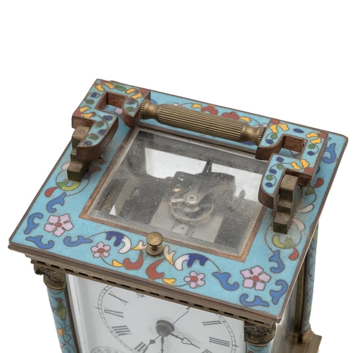 197 - 20th century brass and enamel carriage clock with repeater and alarm function and day of week and da... 