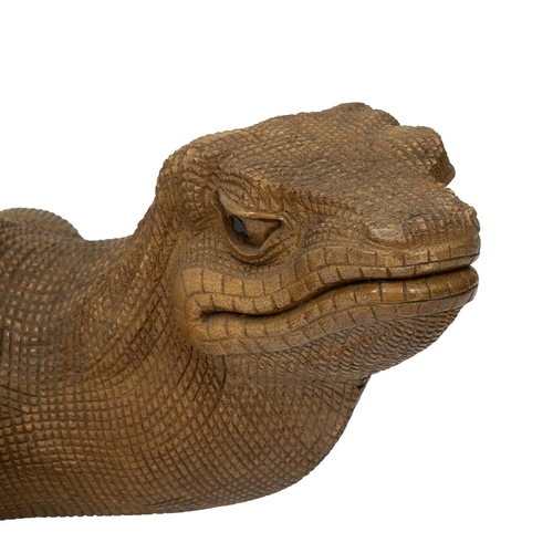 198 - Large vintage wooden carved Komodo Dragon. L 99cm, H 25cm, W34cm.