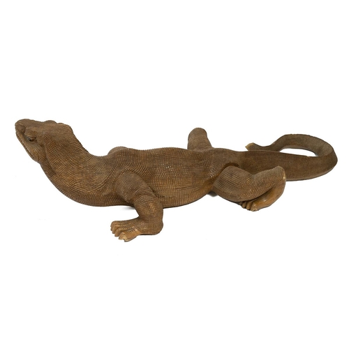 198 - Large vintage wooden carved Komodo Dragon. L 99cm, H 25cm, W34cm.