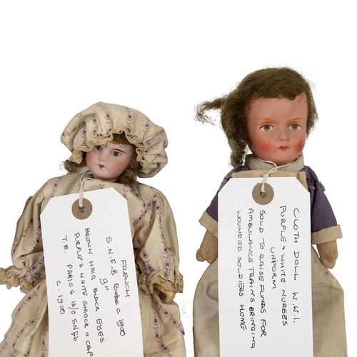 205 - Early 20th century dolls (4). Two Italian 11 inch H wooden dolls, one with clothing; 9 inch French S... 