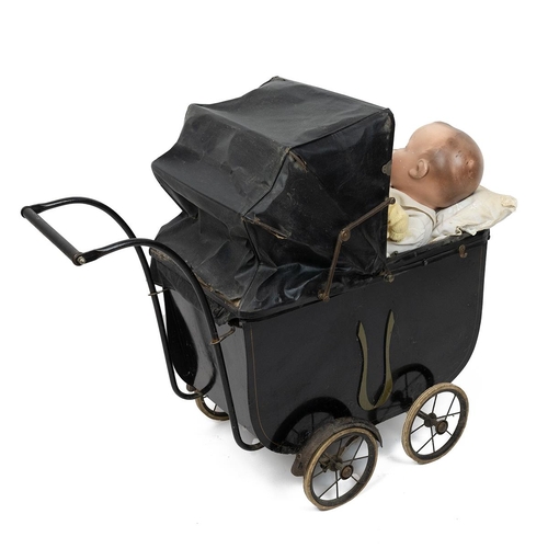 217 - Early 20th Century dolls pram in black with rexine visor, H 75cm, W 44cm, L 85cm. Together with two ... 