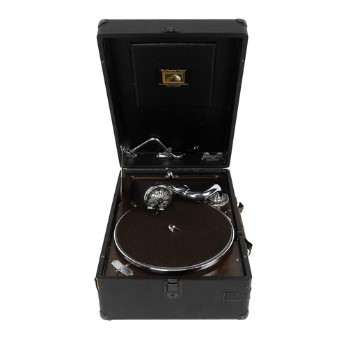 229 - HMV 102d picnic gramophone.  Black Rexine case with teak soundboard. Closed: W 29cm, D 42cm, H 17cm.