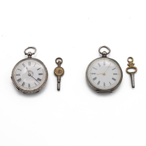 23 - Victorian silver pocket watch, London 1852, along with a silver fob chain, two silver ladies' pocket... 