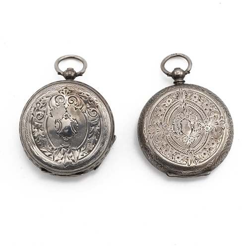 23 - Victorian silver pocket watch, London 1852, along with a silver fob chain, two silver ladies' pocket... 