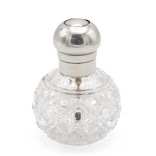 24 - Victorian silver mounted cut glass perfume atomiser of spherical form with hobnail pattern. Indistin... 